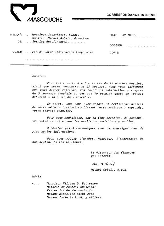 Lettre de Michel Gobeil du 29 octobre 1992